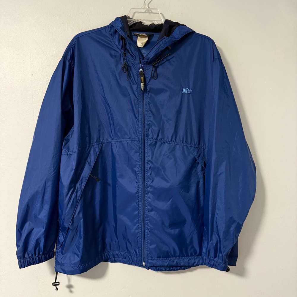 REI Jacket Mens XXL Full Zip Long Sleeve Outdoor Blue Hooded Shell Lightweight